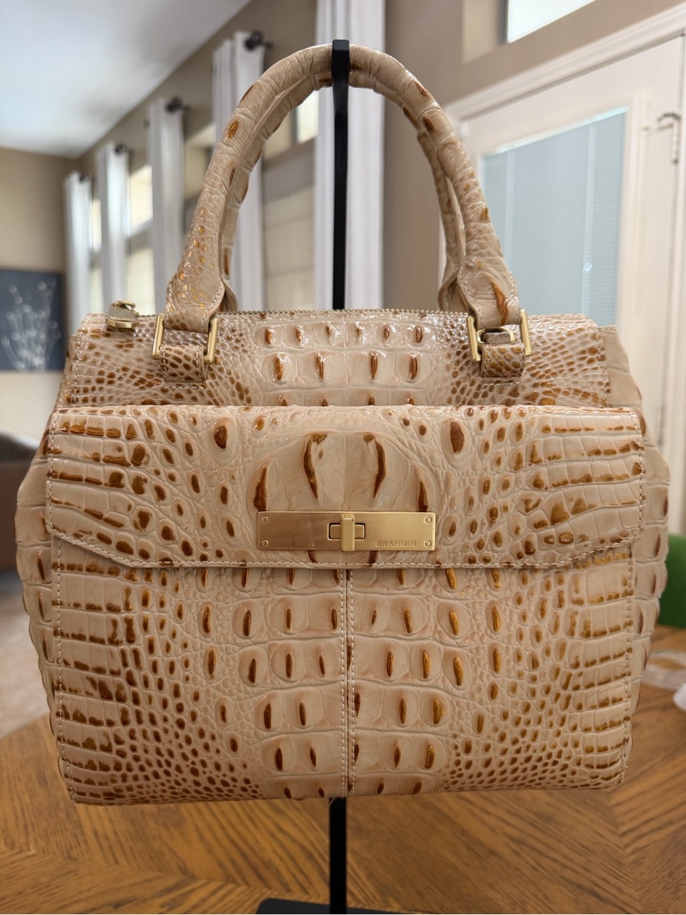 Brahmin RETIRED Collette Croc-Embossed Top-Handle Satchel in Vanilla Tan